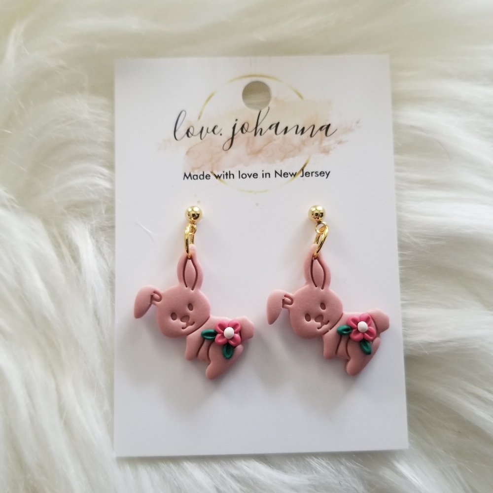 HANDMADE POLYMER CLAY EASTER SPRING BUNNY EARRINGS ON STAINLESS STEEL POST